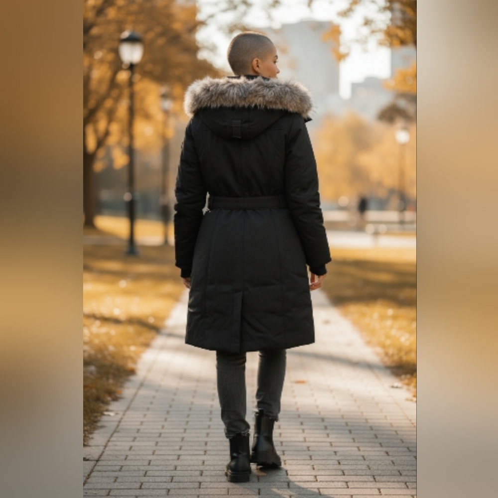 Toboggan Canada Black Winter Parka Faux Fur Hood Belted Eva B III Sweetheart - Picture 2 of 7